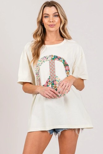 SAGE & FIG PEACE SIGN FLORAL APPLIQUE TOP CREAM SIZE LARGE ST7304B-CUTE!!! - Picture 2 of 6
