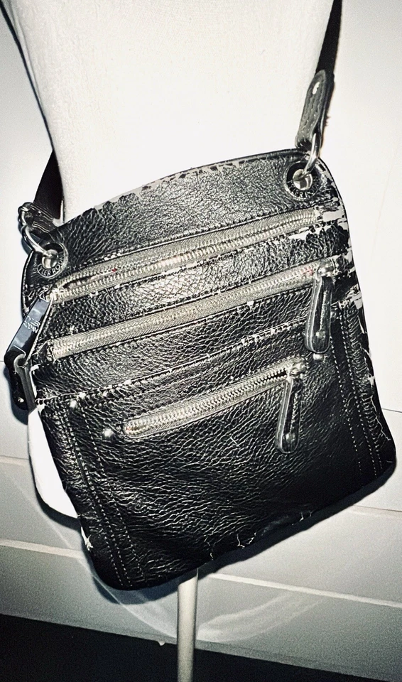 TYLER RODAN 10"X9" MULTI ZIPPER POCKET BLACK FAUX LEATHER WEATHERED CROSS BODY  - Image 3 of 4