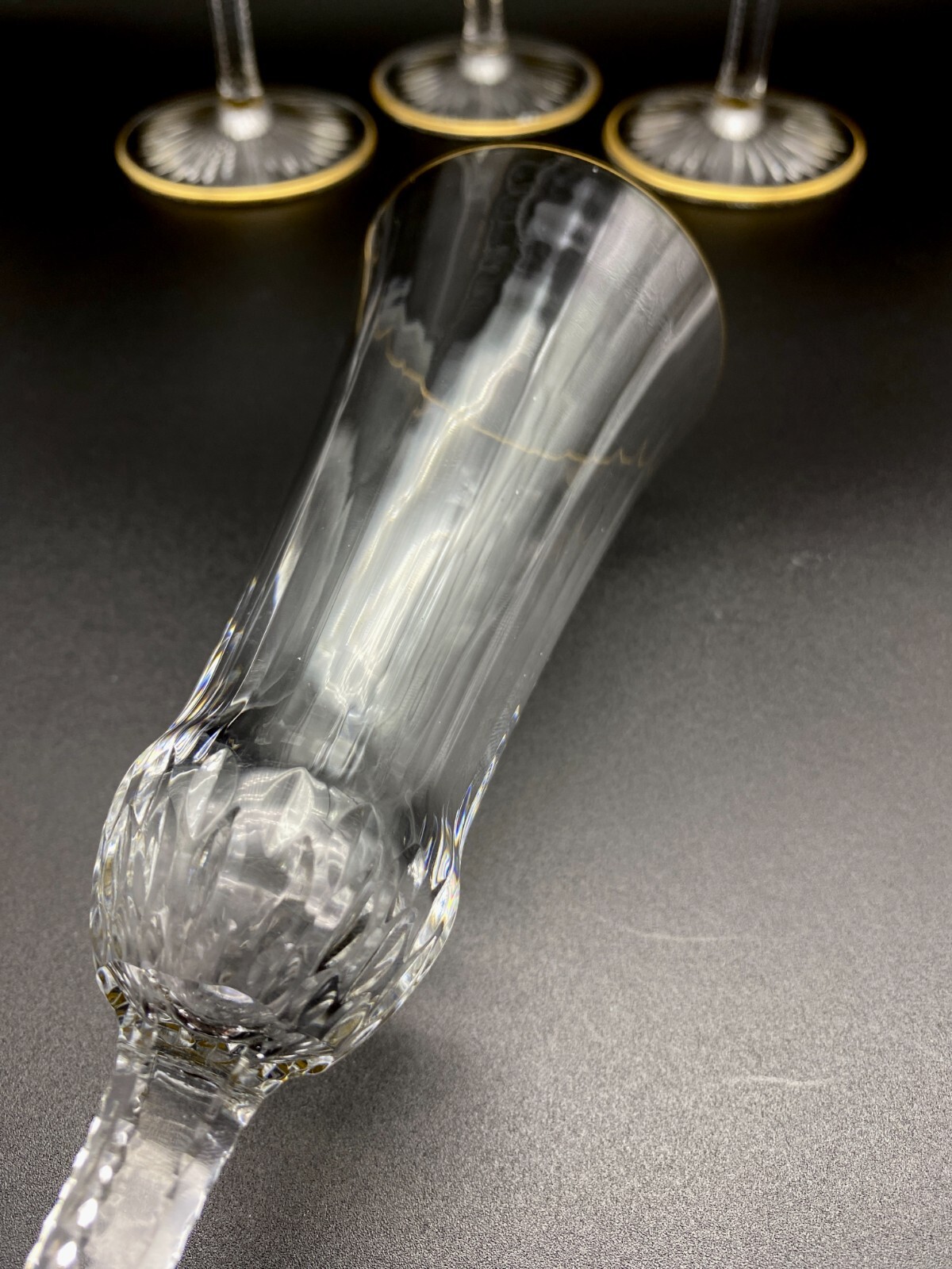 St Louis Apollo Gold 7 3/8" Fluted Champagne Glasses from France: Lot of 4