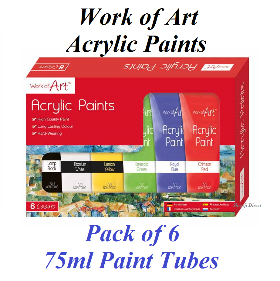 Work of Art Pack of 6 Assorted High Quality Acrylic Paints Set (75ml