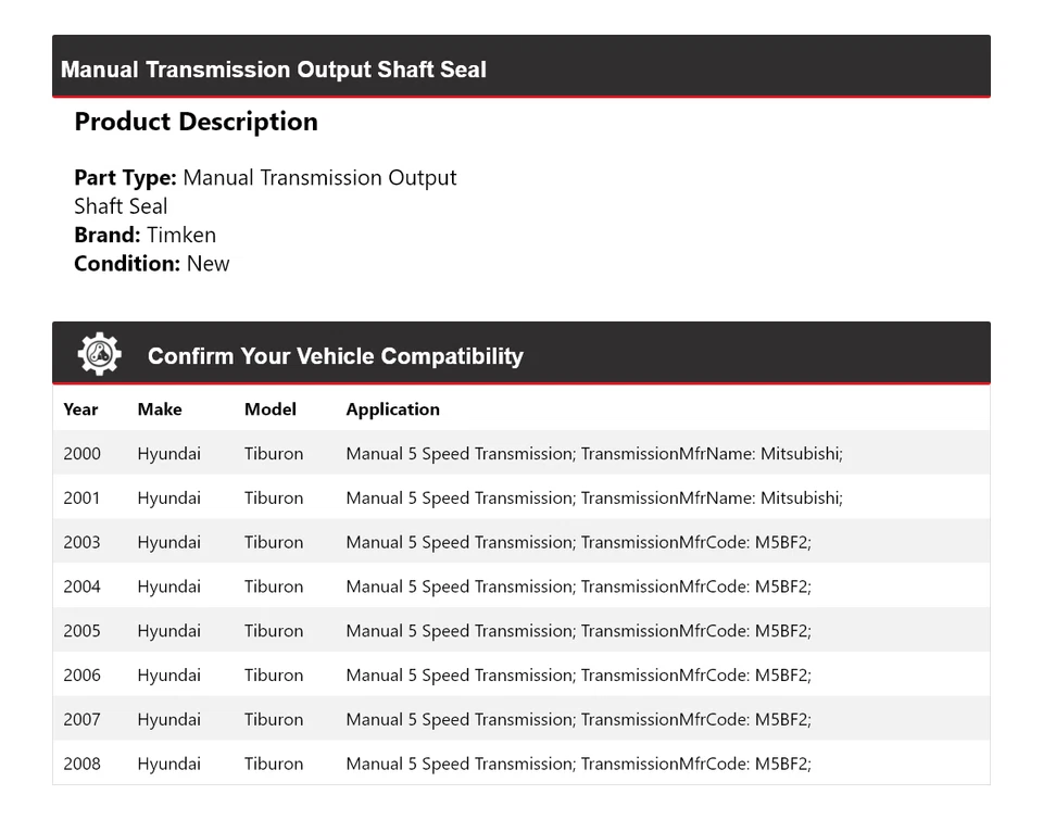 For 2000-2001, 2003-2008 Hyundai Tiburon Manual Trans Output Shaft Seal Timken - Image 2 of 4