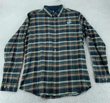 Kuhl Dillingr Flannel Shirt Mens L Blue Green Plaid Brooklyn Brewery Button Up