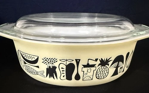Vintage Pyrex Gourmet Refrigerator Dish w/ Lid Black Yellow Mid-Century Pattern