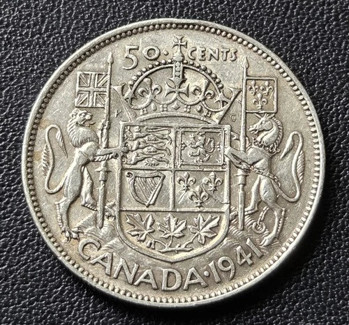 1941 Canada 50 Cents George VI Silver Coin – 80% Silver Half Dollar