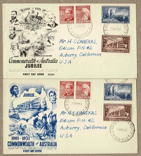 Australia 1951 WW Wide World Commonwealth Jubilee FDC Cover x2