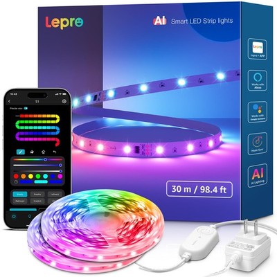 Smart RGB LED Strip Lights 100ft 2 Rolls Rainbow Chasing Music Sync for Party De