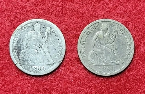 1890 Silver Seated Liberty 10c Ten Cents Lot Of 2 AG & VF Detail