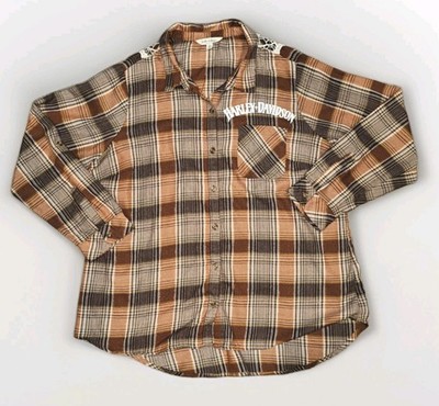 Linda Anderson Brown Tan Flannel Button Down Lurex Gold Thread Crochet Accent XL
