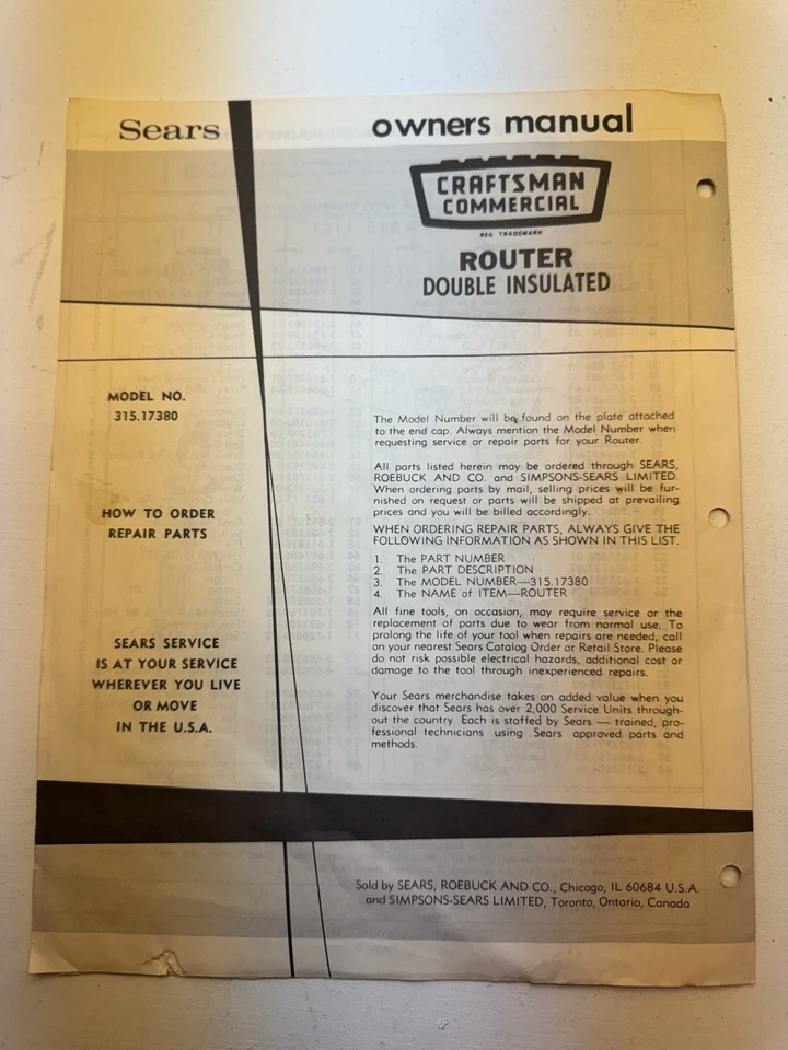 Vintage 1969 Sears Craftsman Router Owner’s Manual Model 315.17380 - Image 2 of 3