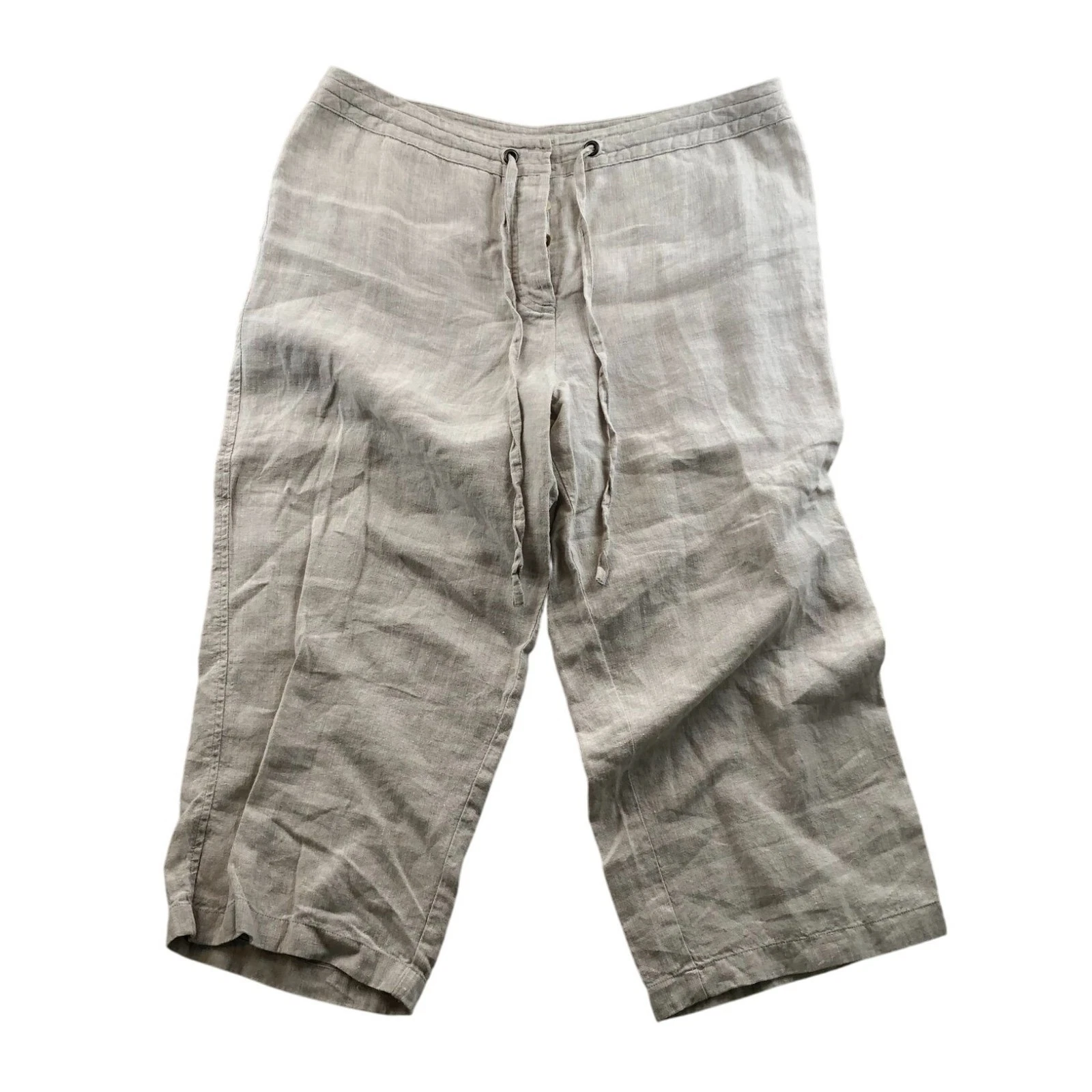 Valerie Stevens Womens Capri Pants Size 16W Beige 100% Linen Draswtring Casual