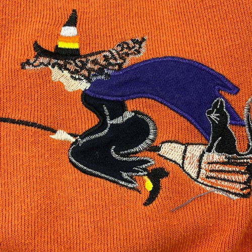 Halloween Cardigan Sweater Orange Witch Ghost Haunted House Onque Casuals Sz Med - Picture 5 of 14
