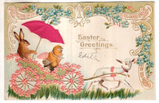 ANTIQUE EASTER Postcard    SILK -  LAMB PULLING BUNNY AND CHICK IN CARRIAGE