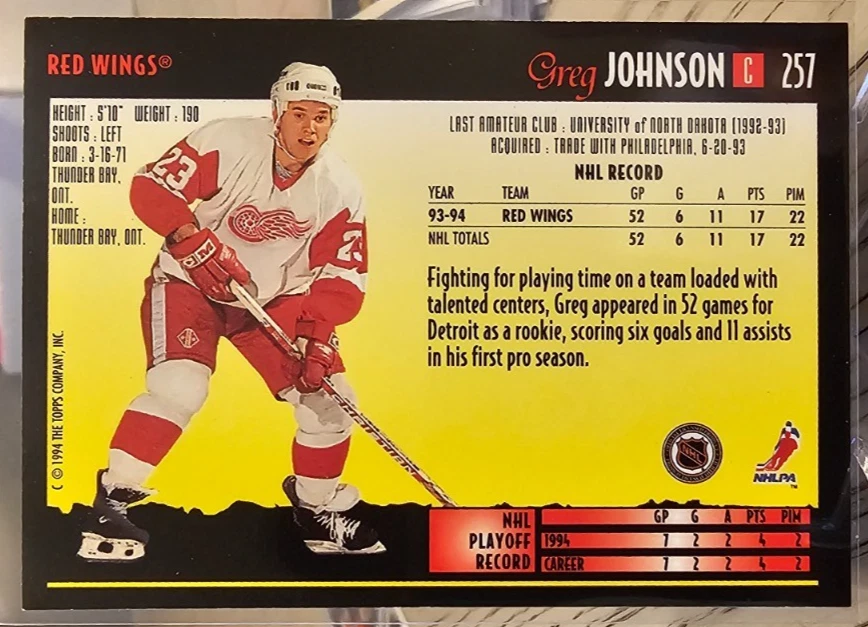 1994-95 Topps Premier Greg Johnson #257 Detroit Red Wings - Image 2 of 2