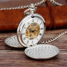 Double Hunter Pocket Watch Men's Mechanical, Roman Numerals  w/ Pendant Chain