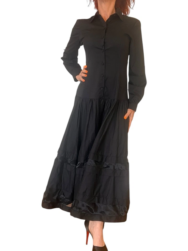 MILVA-MI ITALY SHIRT DRESS BLACK LONG SLEEVE MAXI ROLL TAB SLEEVE CUFF COTTON 40 - Image 3 of 4