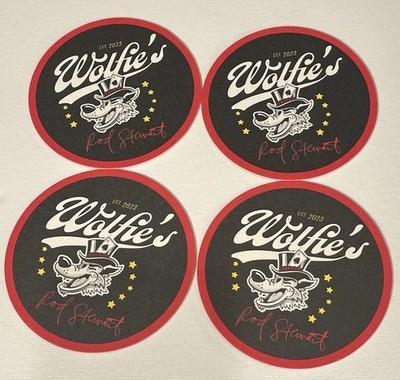 Wolfie s Rod Stewart Whiskey Coasters Set of 4 Bar Promo 4.25  Black Red