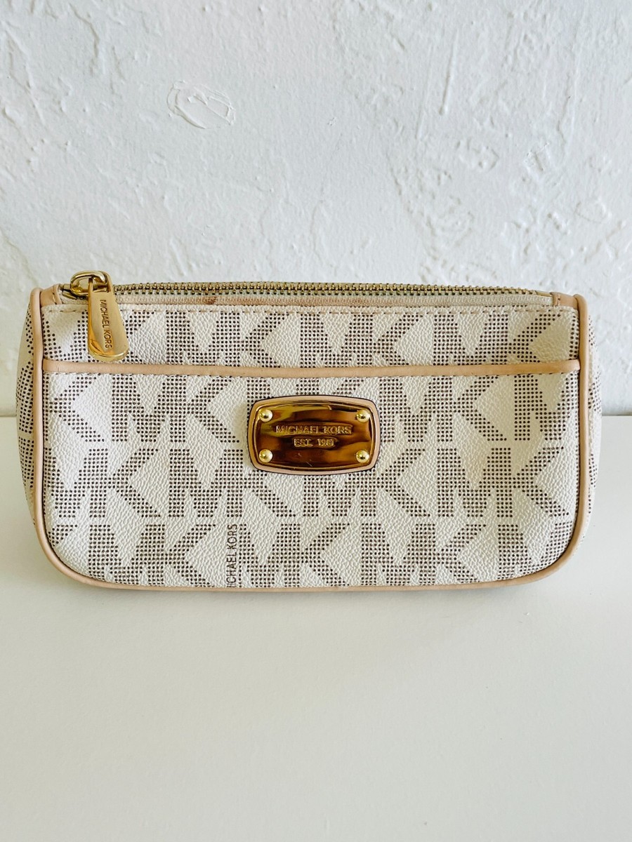 Michael Kors Purse Handbag Clutch Beige MK Print Leather Classic Gold Plate