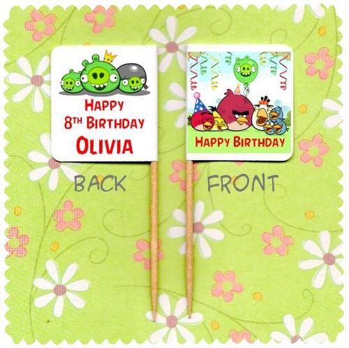 20 PERSONALISED ANGRY BIRDS CUP CAKE FLAG Topper Decoration Birthday Party - Afbeelding 1 van 2