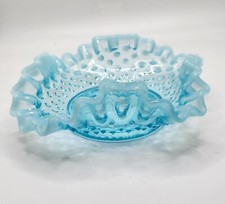 Vintage Fenton Blue Opalescent Ruffled Edge Hobnail Bon Bon Nappy Bowl 5"