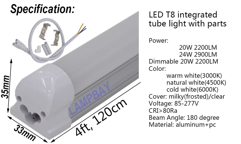Dimmable LED Tube Light 4ft 1.2m 48" Bulb T8 Integrated Lamp Fixture linkable - Image 2 of 4