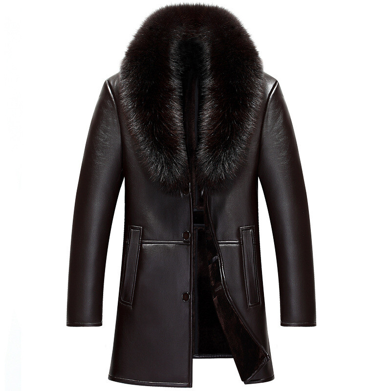 Mens Real Fox Fur Collar Coat Real Sheepskin Leather Jacket Winter