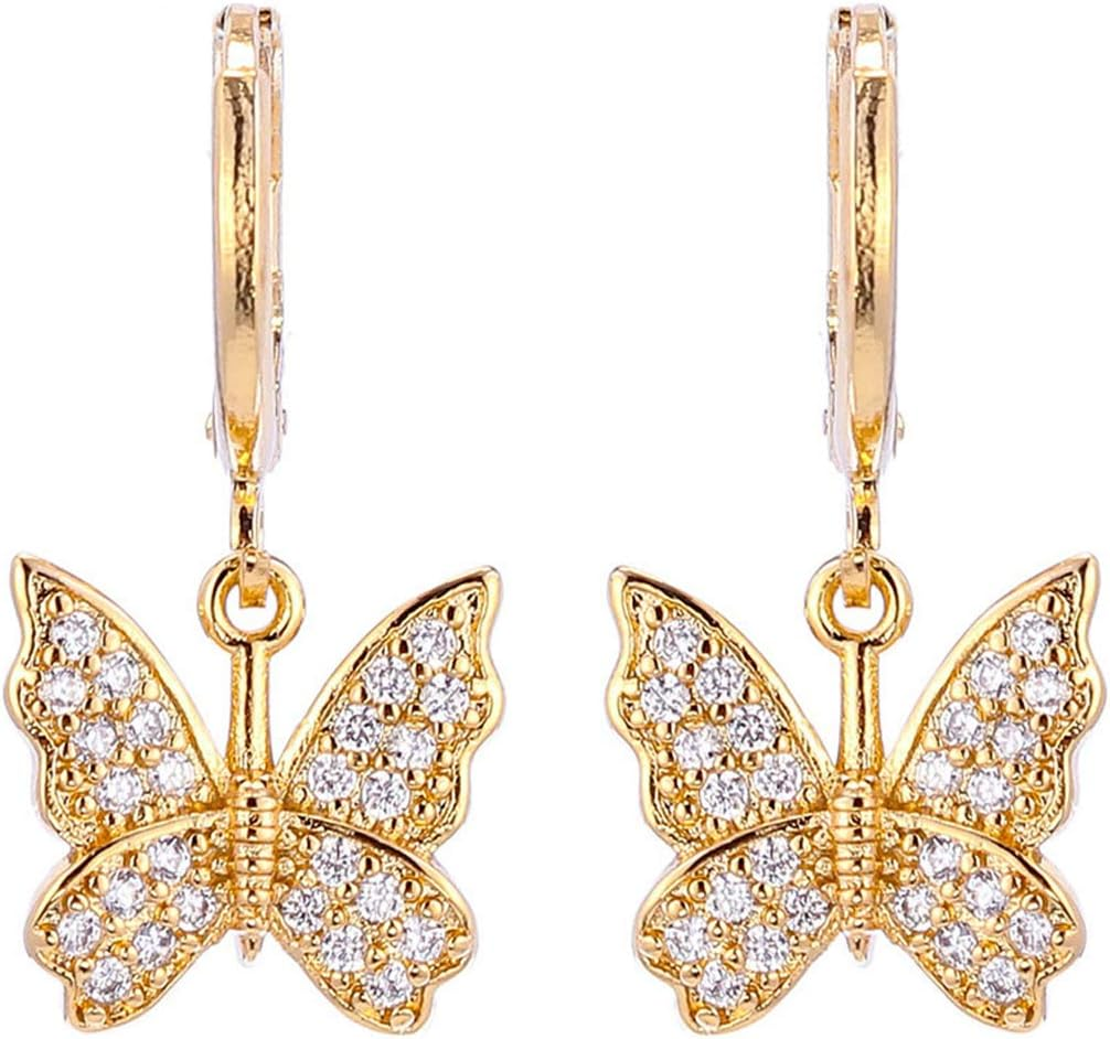 Aretes colgantes de mariposa con dije de mariposa, oro de 14K para mujeres