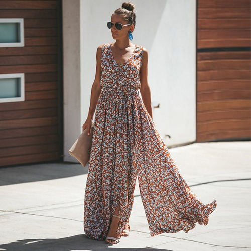 Women Summer Dress Floral Print Maxi 