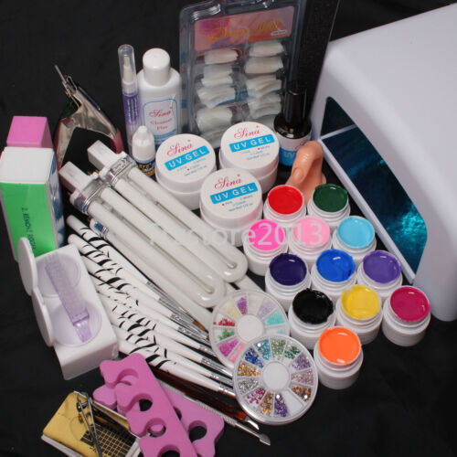 Nail Art Kit 12 Colors LED Gel Dryer Lamp False Tips Gems Brush Cutter Tools Set - Afbeelding 1 van 11