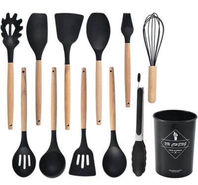 12pcs Silicone Kitchenware Set, cooking  Utensil. Spatula Set With Wooden Handle