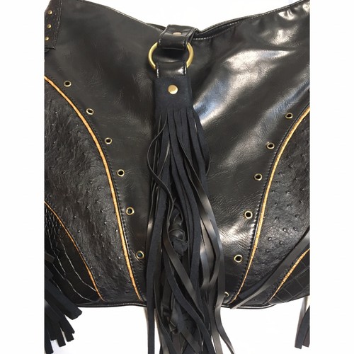 Women’s Black Large Shoulder Bag Faux Leather Tassel Boho Style - Picture 6 of 9