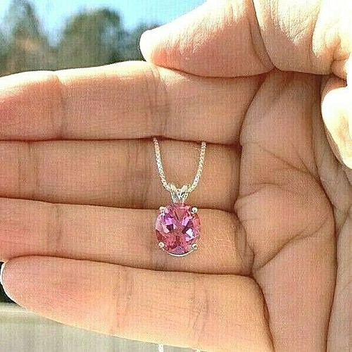 HOT PINK TOPAZ SOLITAIRE NECKLACE EARTH MINED BIG 12X10MM GEM US MADE PENDANT - Picture 3 of 7