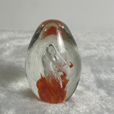 Spiral Orange Clear Glass Hand blown Paperweight Egg Shaped Oval 3'' Art Deco