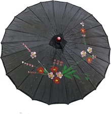 32" Inch Dia Black Floral Pattern Wood Bamboo Nylon Parasol Umbrella Decoration