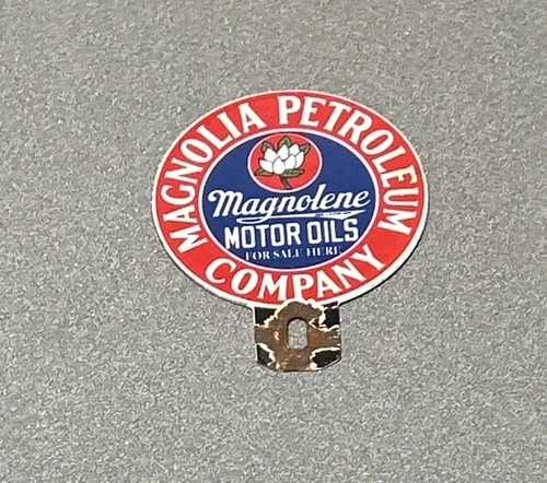 VINTAGE MAGNOLIA PETROLEUM GASOLINE PLATE TOPPER PORCELAIN SIGN CAR TRUCK OIL