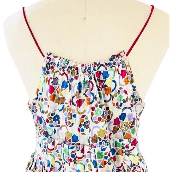 Mini Vestido LA ROK Seda Cuello en V en Estampado Geo Multicolor Talla L Foto 4 de 4