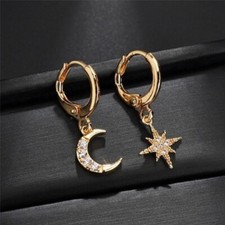 Small Cubic Zirconia Star And Moon Asymmetric Dangle Fashion Earrings Women