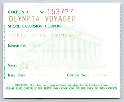 Olympia Voyager Excursion Ticket Used 2004 Cruise Ship Boat Vacation