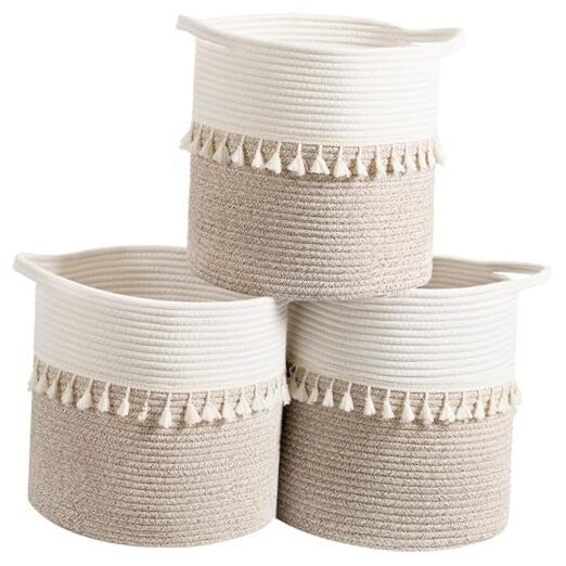 11 Inch Storage Baskets Set of 3, Cotton Woven 11x11x11'' White & Brown