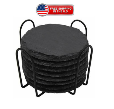 Slate Drink Coasters with Metal Holder, GOH DODD 4 Inch 8 Pieces Black Stone...