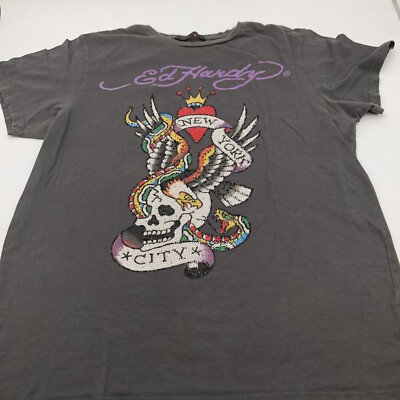 Ed Hardy Rhinestone New York City T-Shirt Small Grey Eagle Skull Snake XXL