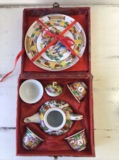 Vintage Miniature China Tea Set With Colorful Kimonos Design In Red Silk Box