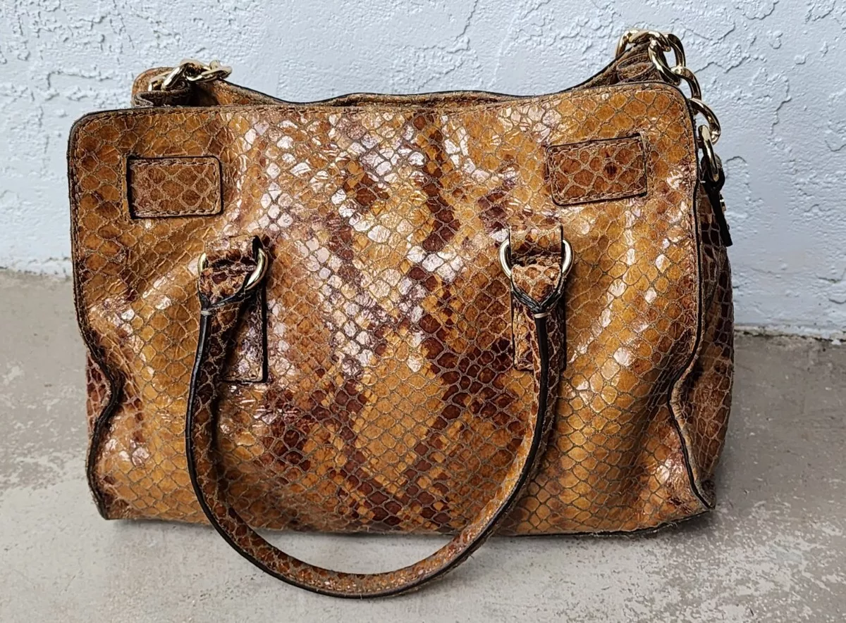 MICHAEL KORS Hamilton Tan Brown Embossed Python Snake Print Shoulder  Satchel Bag