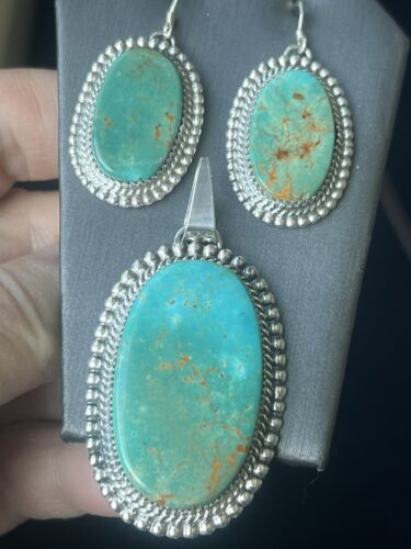 Ensemble pendentif Navajo turquoise boucles d'oreilles fils argent sterling Avin Joe S2879 - Photo 1 sur 7