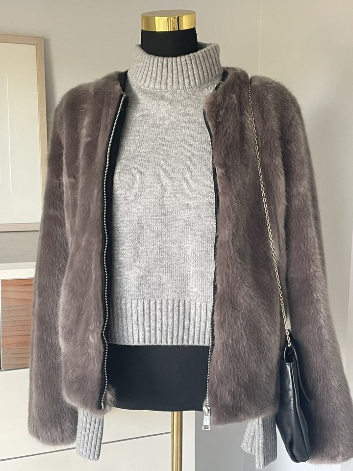 Mink grey faux fur zip up jacket