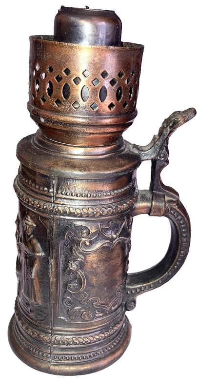copper alloy beer stein with lid & molded tavern scene as candle holder lantern