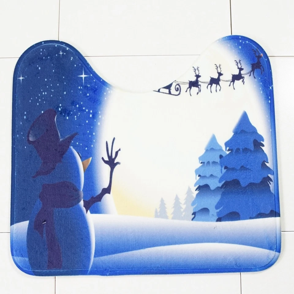  3 in 1 Blau Weihnachten Schneemann Muster Badematte Set Rutschfeste Waschraum - Bild 2 von 4