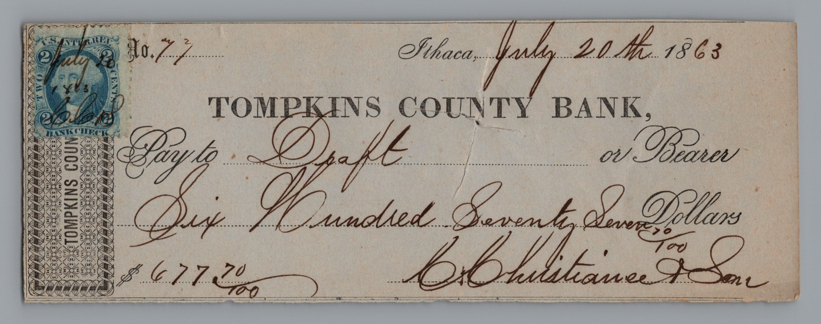 1863 Civil War Era Bank Check Revenue Stamp, Ithaca NY $677