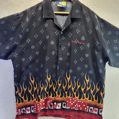 Vintage XNT Shirt Mens 2XL Black Red Camp Collar Las Vegas Casino Flames Button