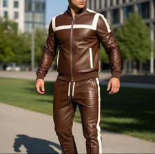 Men Jogging Tracksuit Brown/White Men Genuine Leather Track Suit Sweat suit
