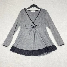 Rosegal Babydoll Tunic Top Women's L Gray Long Sleeve Empire Waist Lace Trim